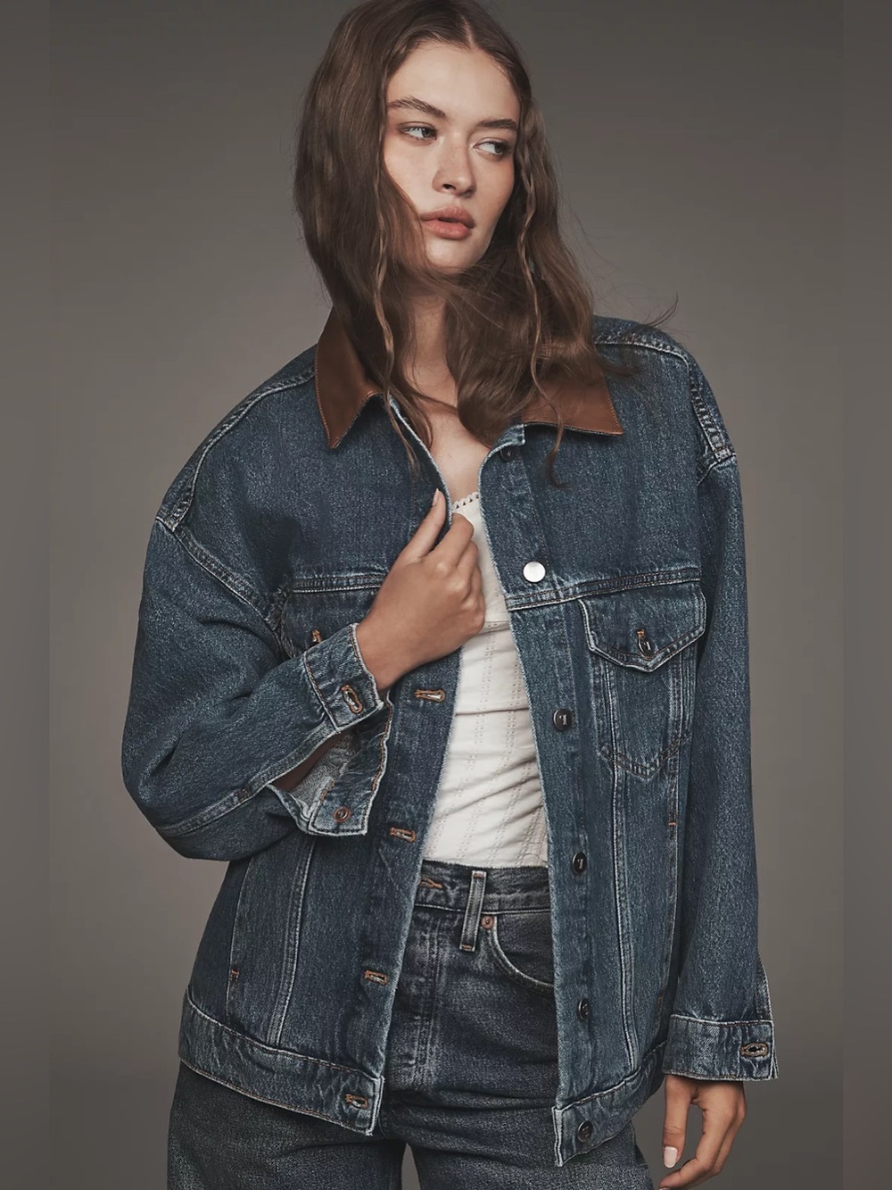 PILCRO The Weston Faux Leather-Collar Denim Boyfriend Jacket Sz: Small